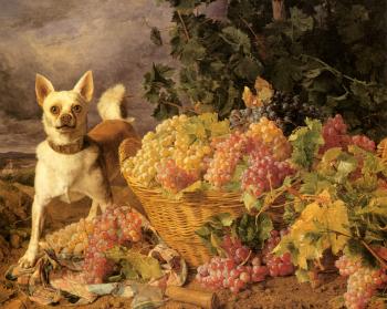 費迪南德 喬治 沃德穆勒 A Dog By A Basket Of Grapes In A Landscape